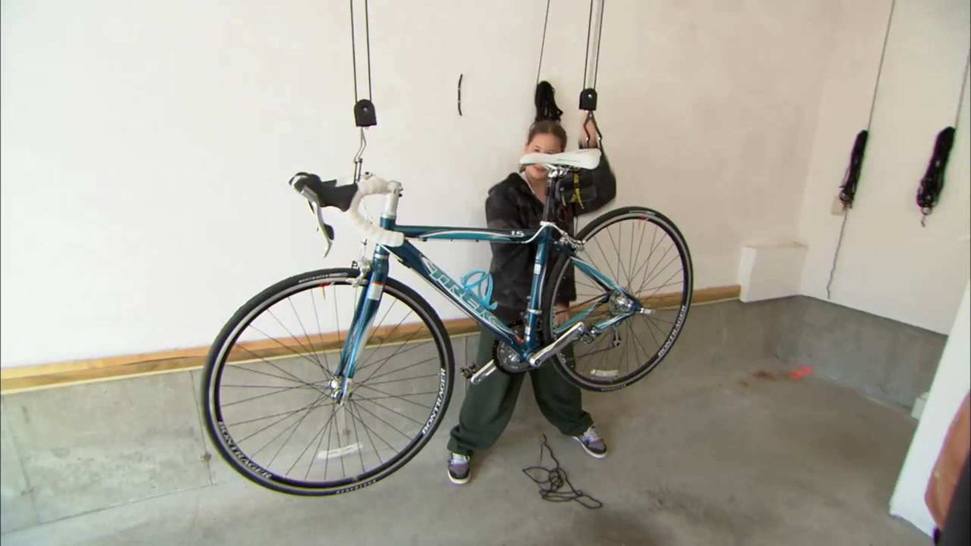 bicycle hanging in garage